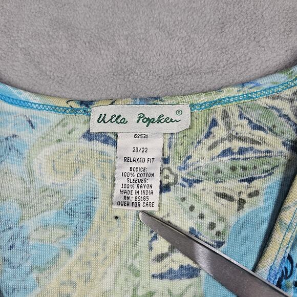 Ulla Popken Top Womens 20/22 Blue Art To Wear Beaded Patchwork Beachy Preppy - Picture 6 of 13